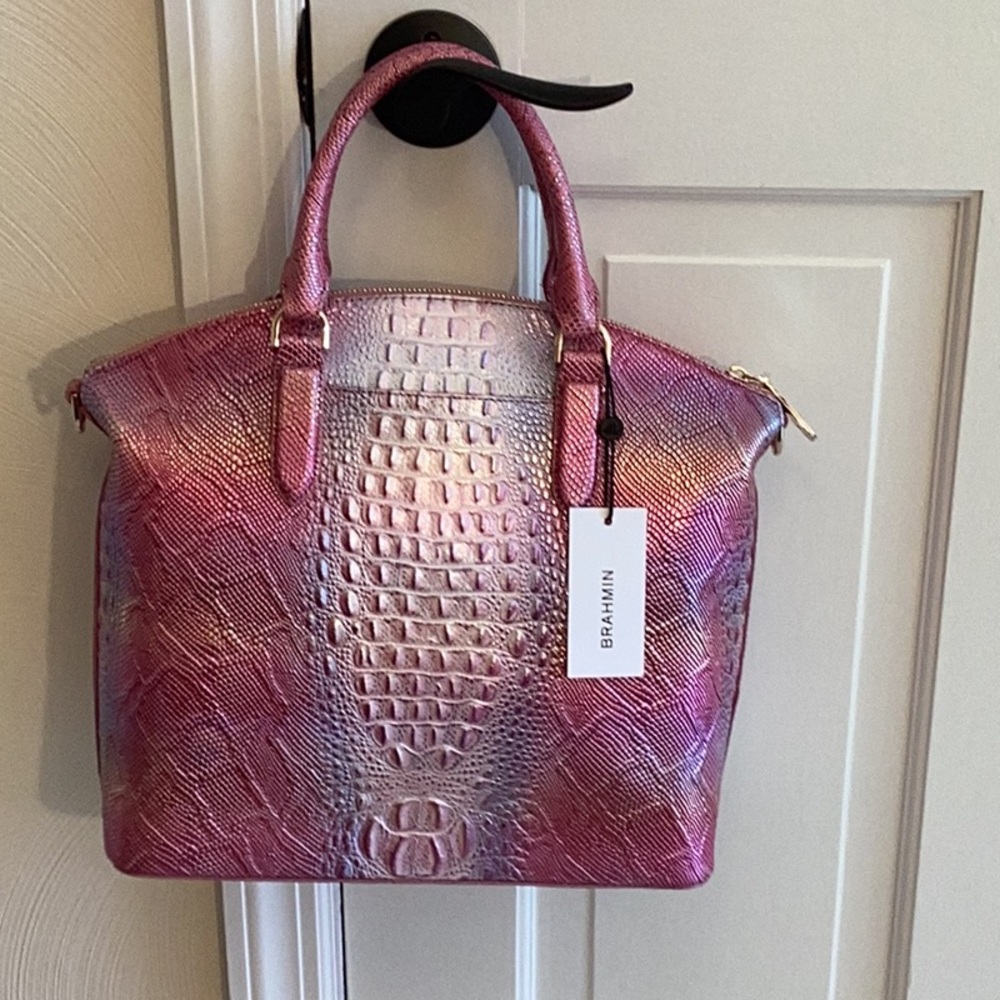 Brahmin Pink and Purple Satchel with Crocodile Texture - Picture 14 of 15